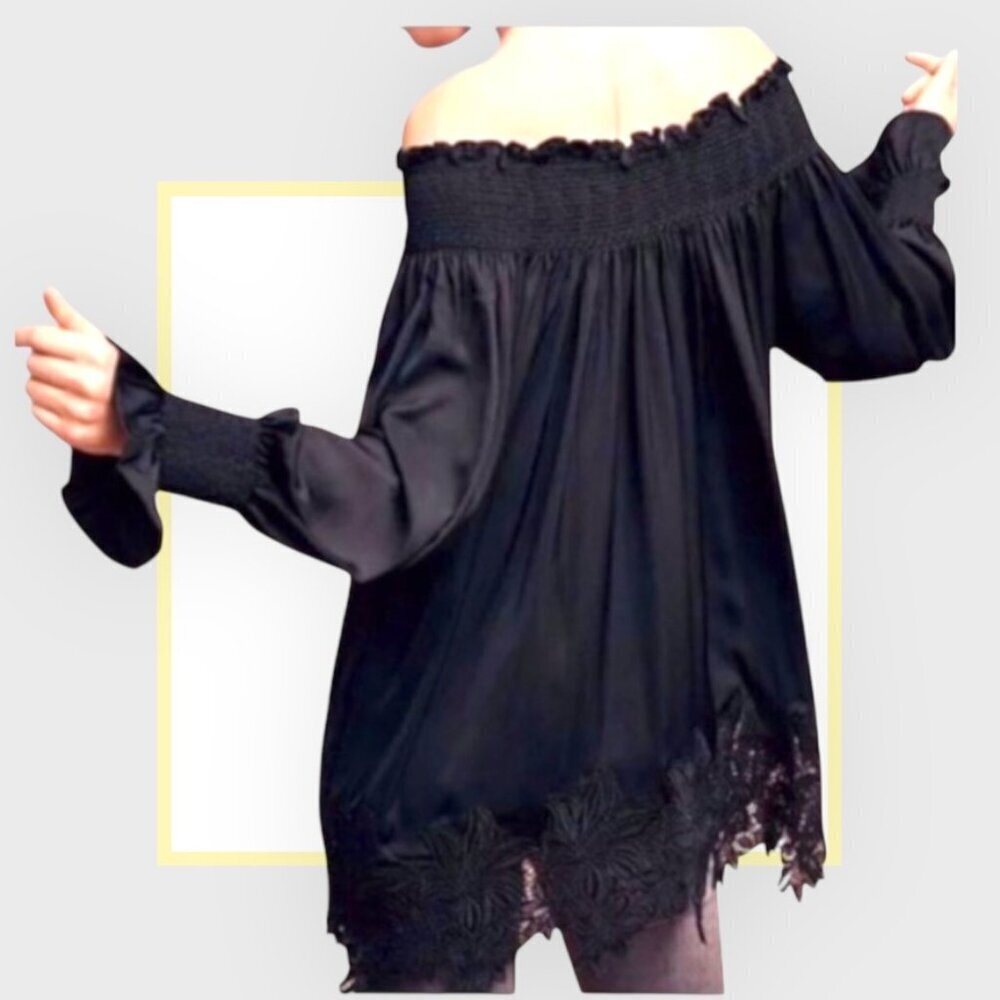 Elegant Off-the-Shoulder Blouse with Lace Trim - - Picture 2 of 6